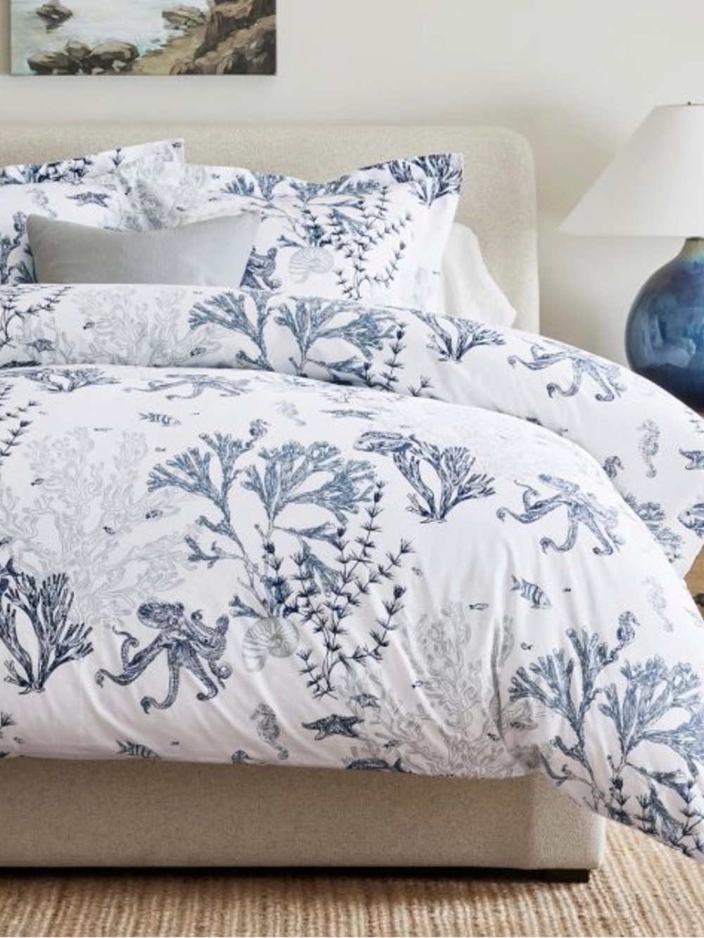 Pottery Barn White Duvet Cover + 4 Shams with Blue Coastal Octopus Print
